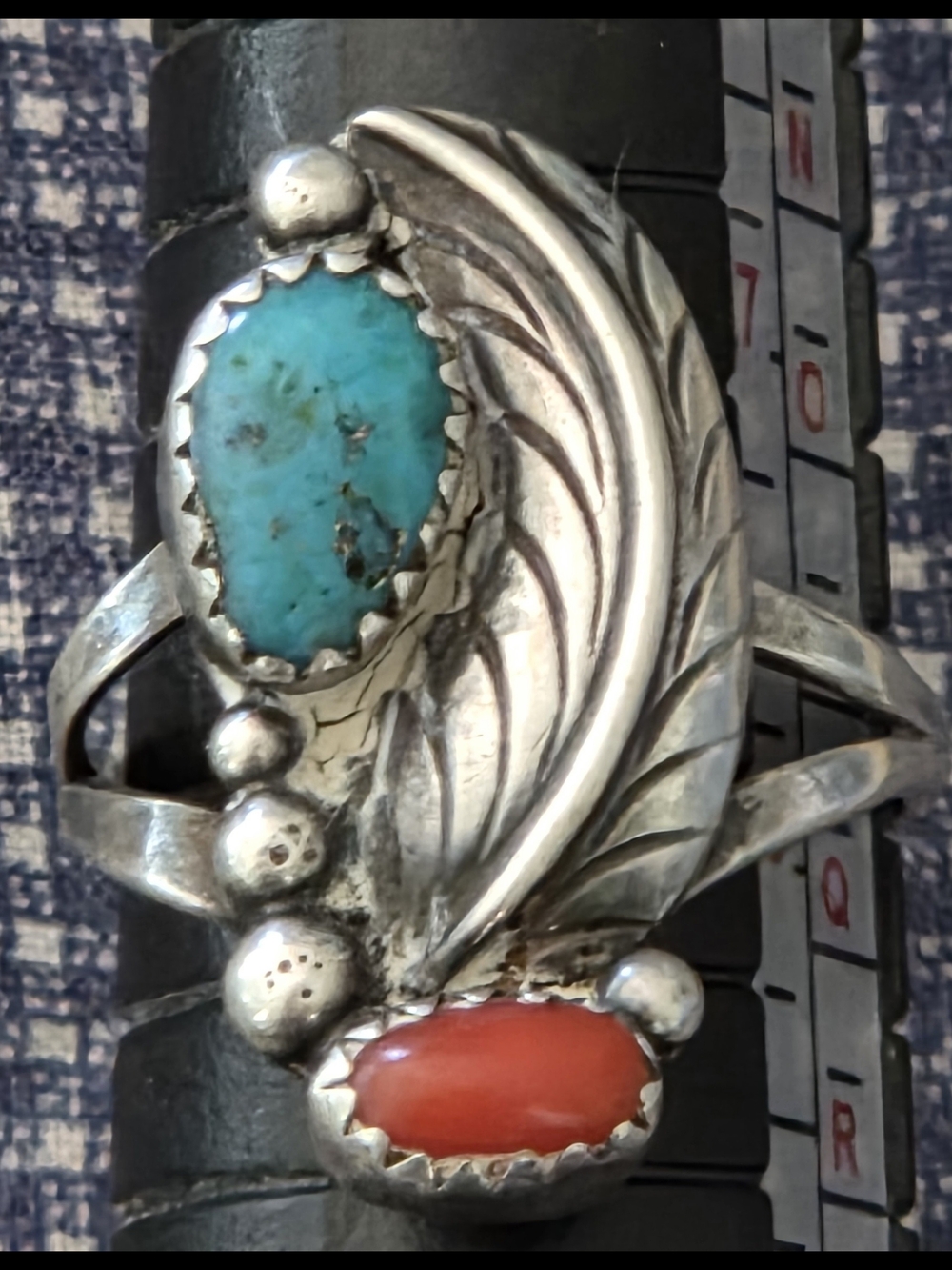 Sterling Silver Turquoise & Coral Leaf Ring - Blue and Orange